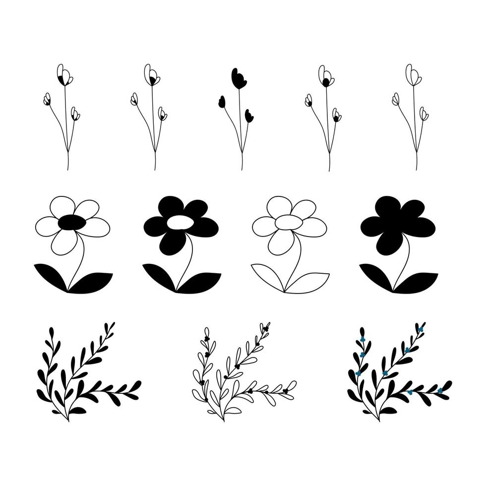 blommiga element och blommor, kvistar och löv set. vektor silhuetter av blommor