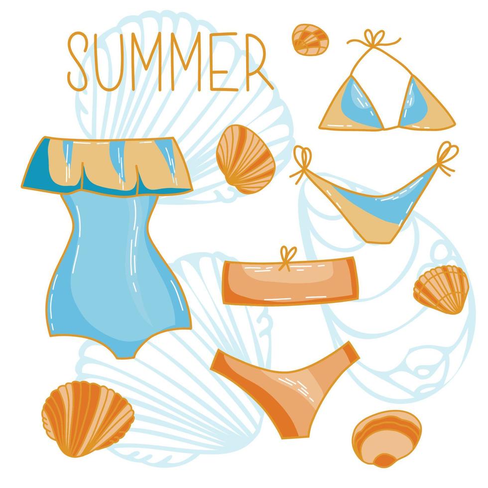 Vektor-Set von Cartoon-Doodle-Badeanzügen und Bikini-Unterwäsche-Elementen, Strandschönheits-Büstenhalter, elegante handgezeichnete Kleidungskollektion vektor