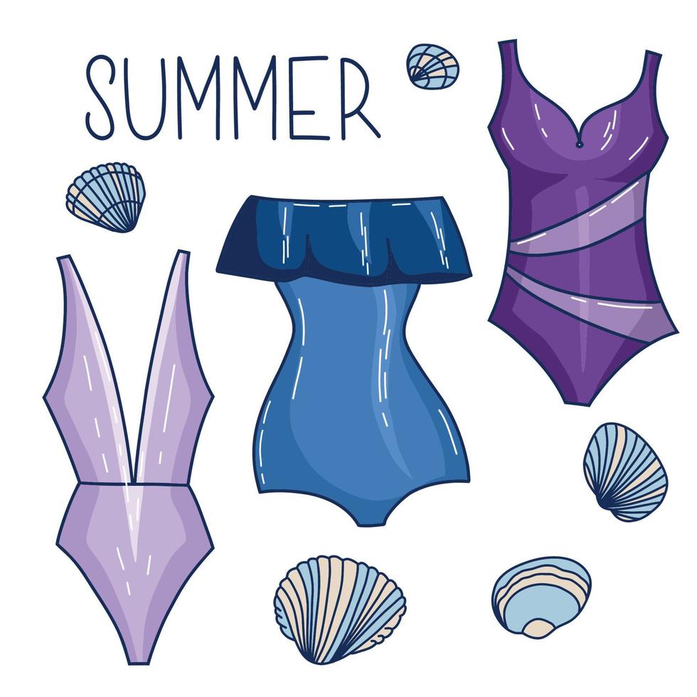 Vektor-Set von Cartoon-Doodle-Badeanzügen und Bikini-Unterwäsche-Elementen, Strandschönheits-Büstenhalter, elegante handgezeichnete Kleidungskollektion vektor