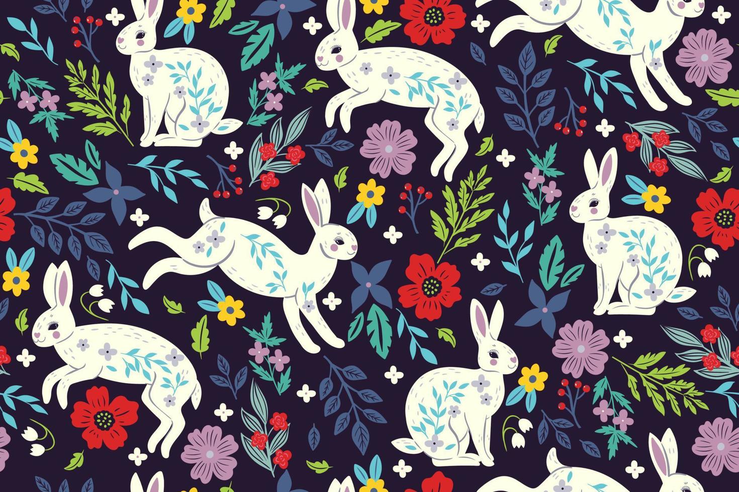 nahtloses Muster mit weißen Kaninchen und Blumen. Vektorgrafiken. vektor
