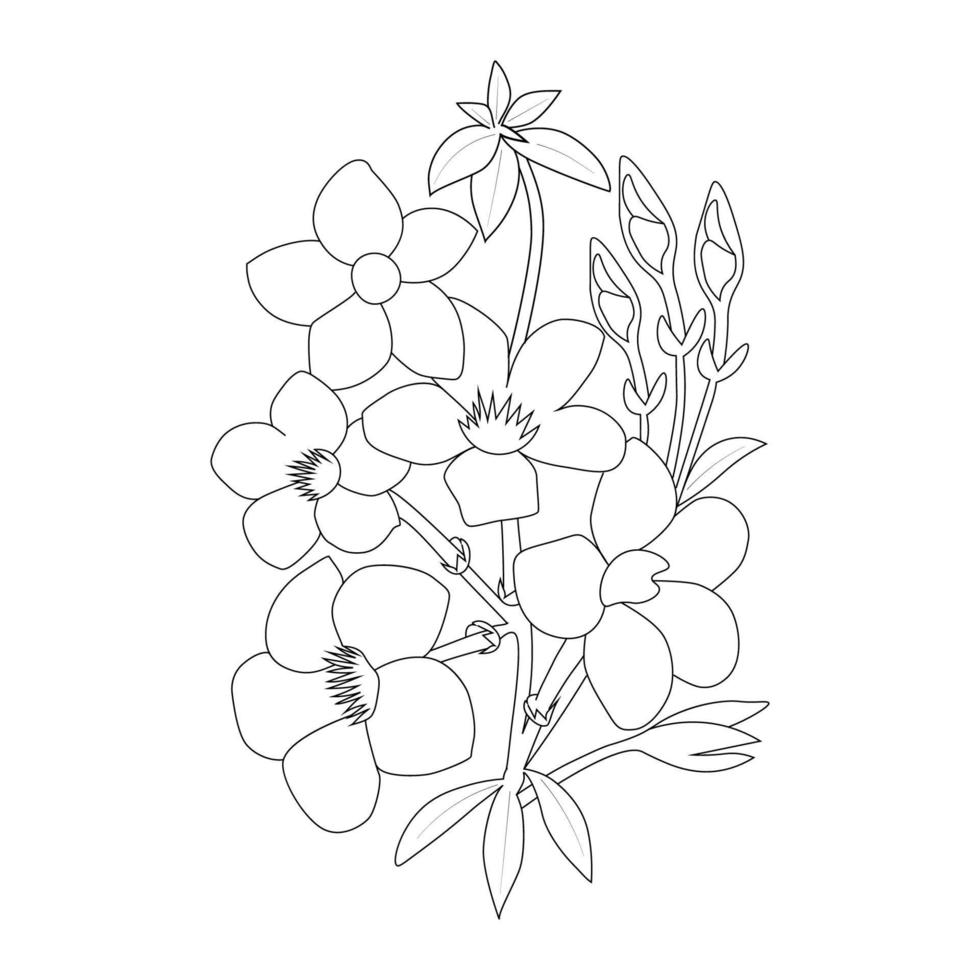 allamanda-blumen-farbseitenlinienkunst mit blühenden blumenblättern und blattillustration vektor