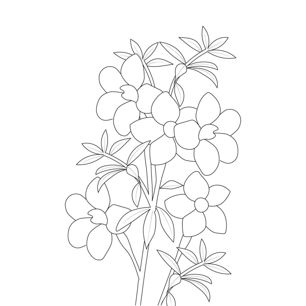 allamanda-blumen-farbseitenlinienkunst mit blühenden blumenblättern und blattillustration vektor