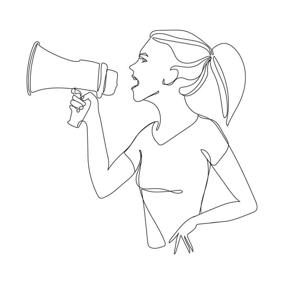 Aktivistin, die auf einem Megaphon schreit, Vektorgrafik. Junge Frau, die durch Lautsprecher schreit, während sie auf Protest ist. Frauenrechtskonzept. Minimalistische Kunst vektor