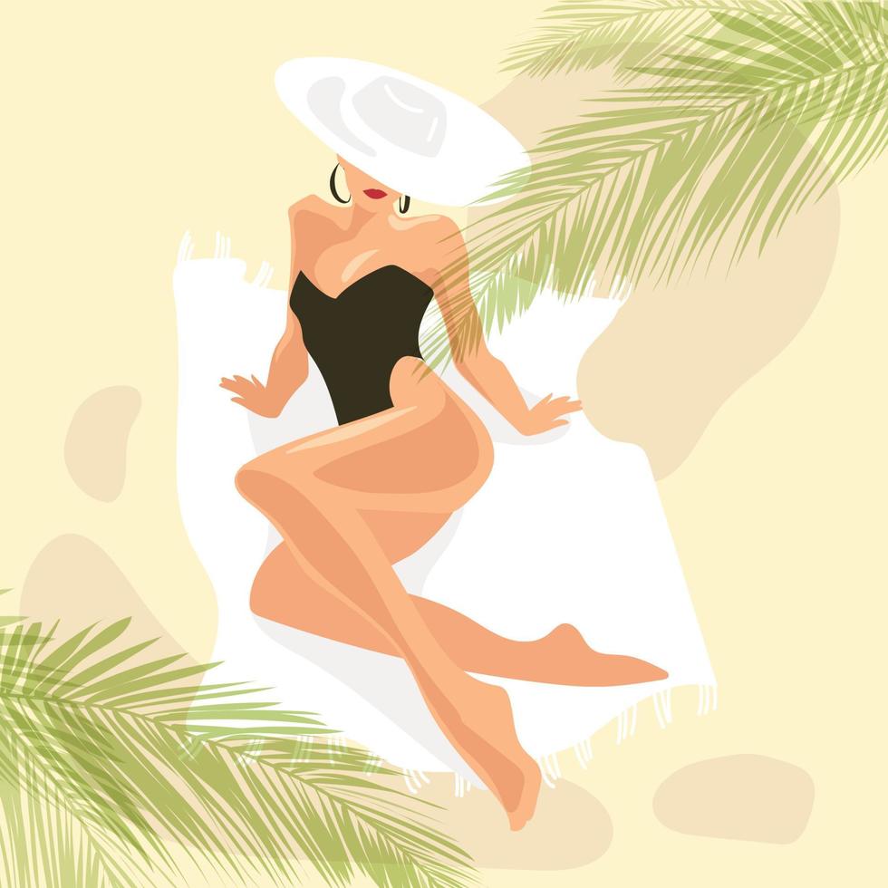 junge frau im badeanzug, der am strand liegt und unter palmen sonnenbaden. mädchen mit hut, der sich am seebad entspannt. sommertourismus, urlaub. moderne vektorillustration. draufsicht vektor