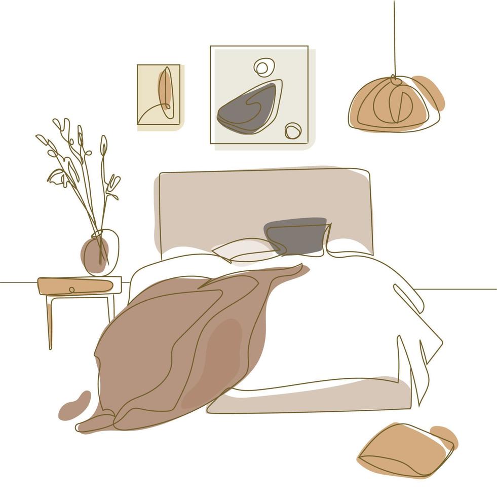 japandi design innenraum eines schlafzimmers mit bett, kronleuchter, gemälde an der wand.modernes zimmer im skandinavischen oder japandi-stil.ruhige farben,minimales design.entspannende vibes.vektorillustration vektor