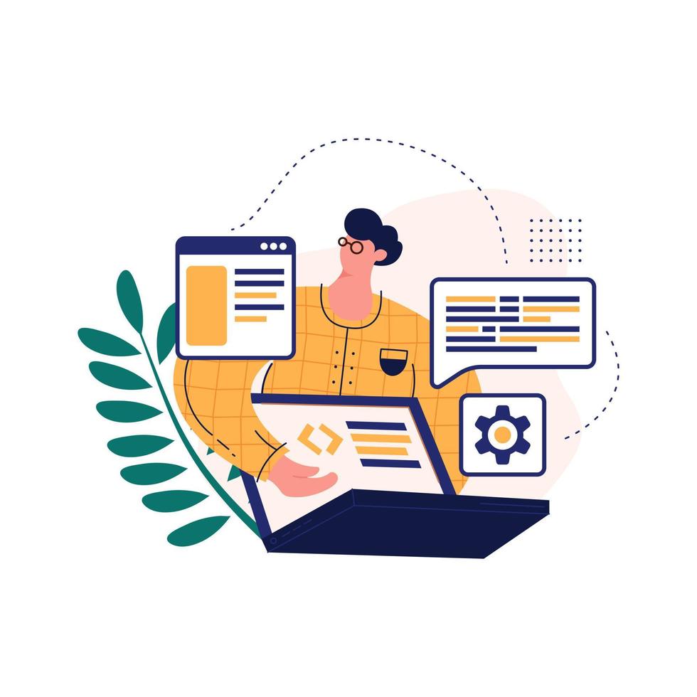 Programmierer, der an der Webentwicklung arbeitet. Softwareentwicklung und Codierung. Vektorillustration im flachen Design für Webbanner und mobile App vektor