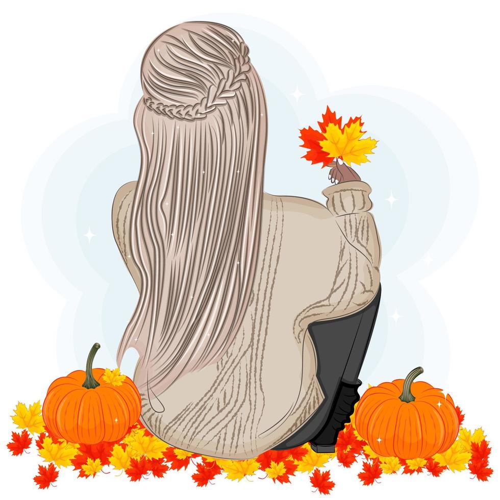 Herbst, blondes Mädchen mit Blättern, Rücken, Kürbisse, Vektorillustration, Druck vektor