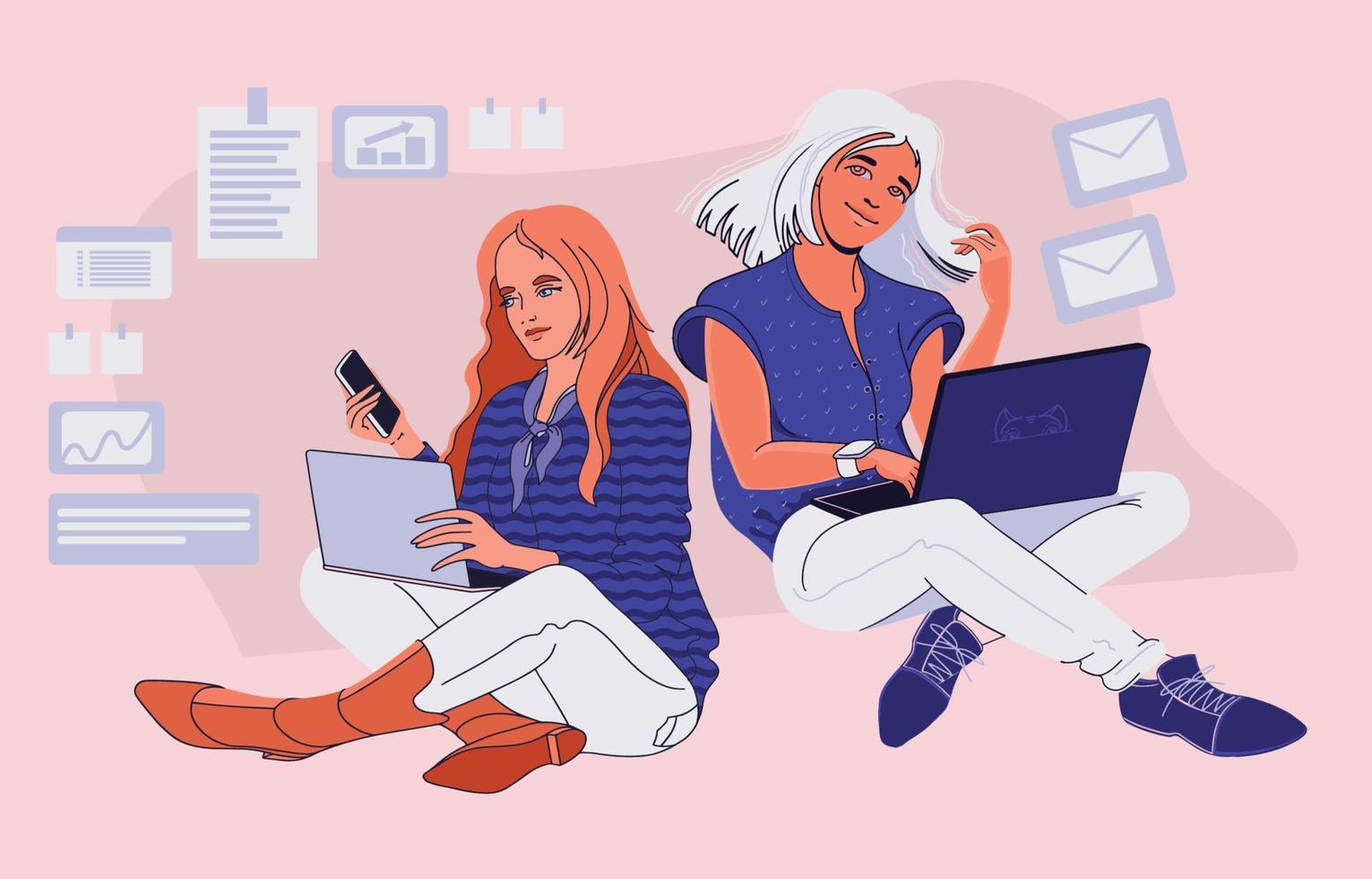 Zwei junge Frauen sitzen und halten Laptops. Ausbildung. Vektor. vektor