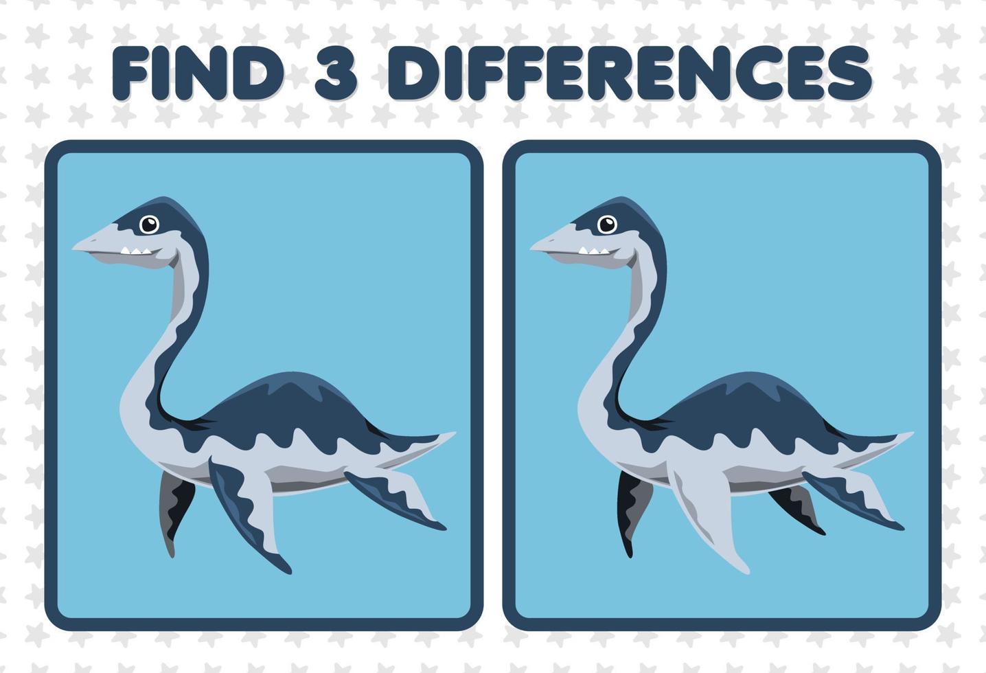 Lernspiel für Kinder Finden Sie drei Unterschiede zwischen zwei niedlichen prähistorischen Dinosauriern Plesiosauriern vektor