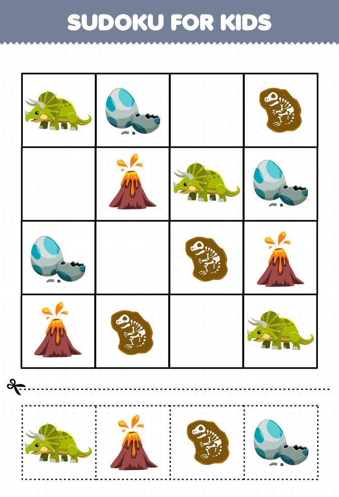 Bildungsspiel für Kinder Sudoku für Kinder mit prähistorischem Dinosaurier-Triceratops-Ei-Vulkan-Fossilbild der niedlichen Karikatur vektor