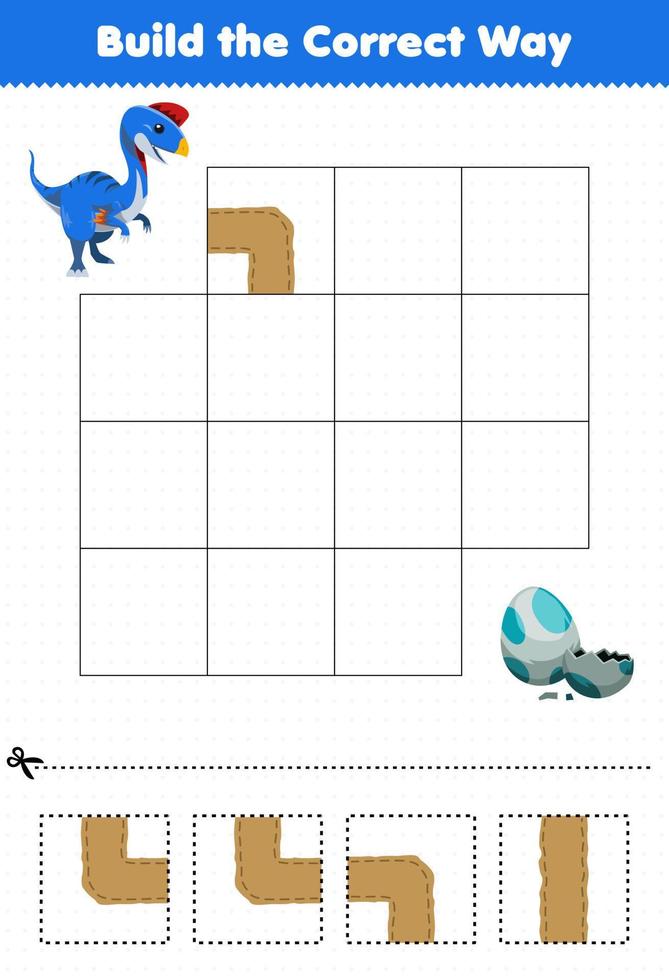 Lernspiel für Kinder Bauen Sie den richtigen Weg und helfen Sie dem niedlichen prähistorischen Dinosaurier Oviraptor, sich zum Ei zu bewegen vektor