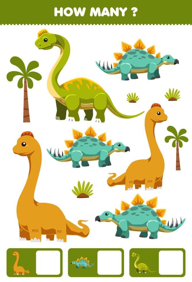 utbildningsspel för barn som söker och räknar aktivitet för förskolan hur många tecknade förhistoriska dinosaurier brontosaurus stegosaurus ultrasaurus vektor