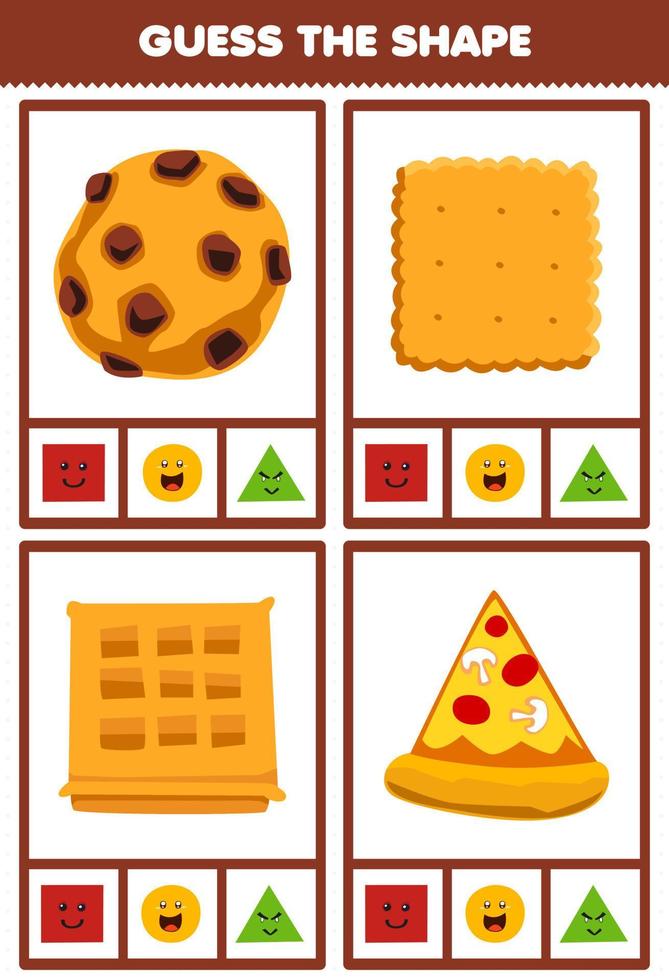 bildungsspiel für kinder errate die form geometrische figuren und gegenstände quadrat keks waffel kreis keks dreieck pizzascheibe arbeitsblatt vektor