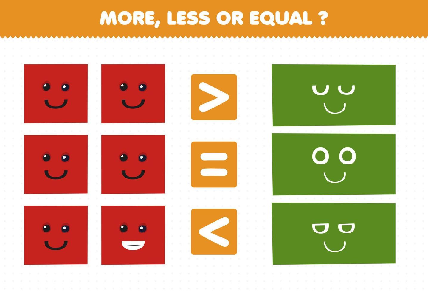 Lernspiel für Kinder mehr weniger oder gleich zählen die Menge an niedlichen Cartoon geometrischen Form Quadrat und Rechteck vektor