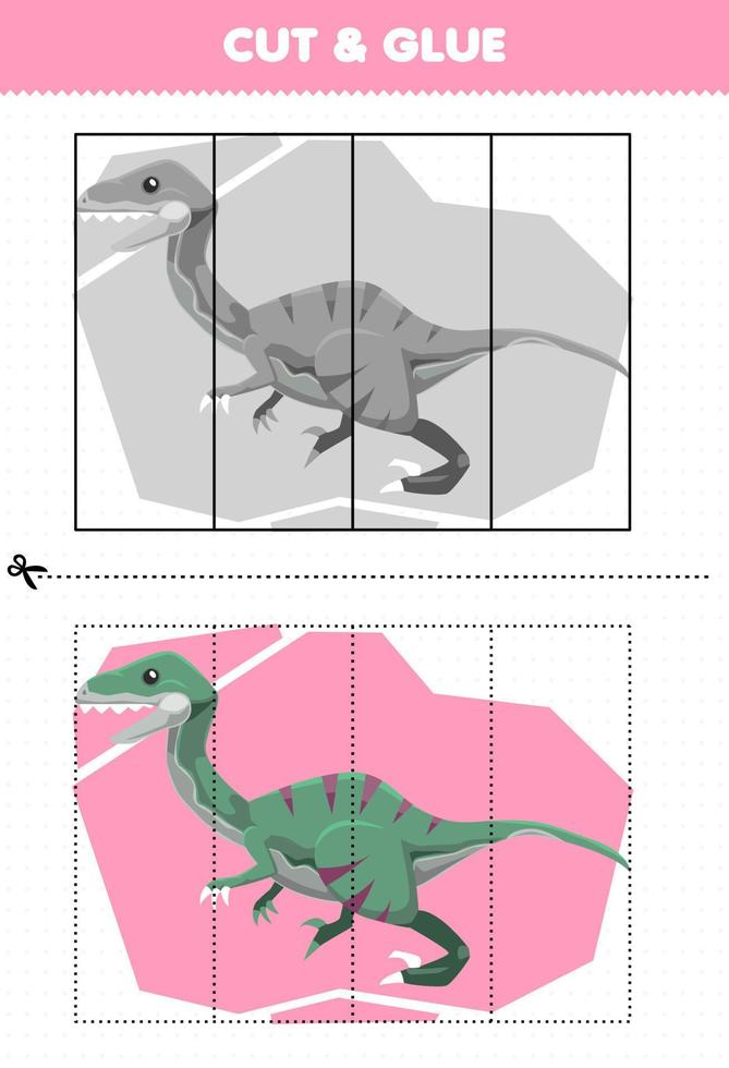 Lernspiel für Kinder schneiden und kleben mit prähistorischem Dinosaurier-Velociraptor aus niedlichem Cartoon vektor