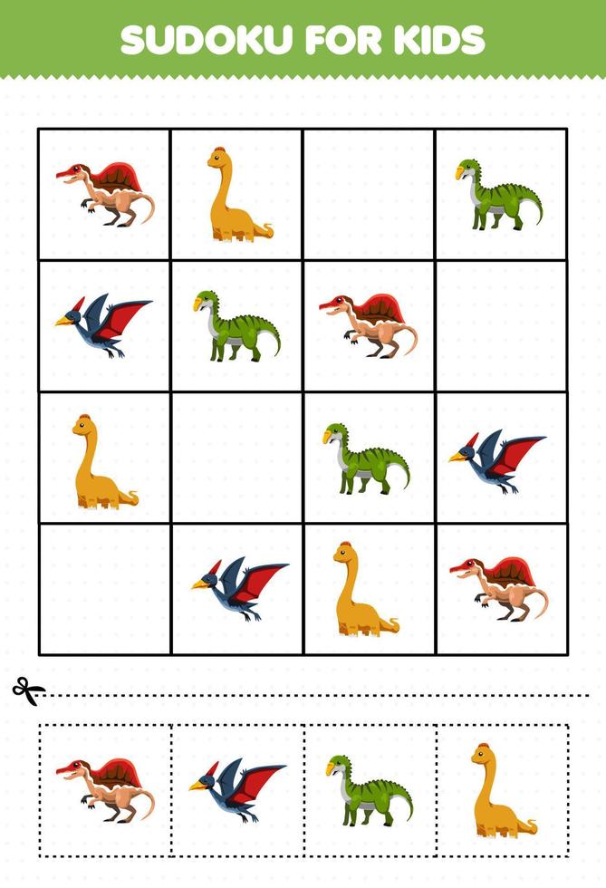 utbildning spel för barn sudoku för barn med söt tecknad förhistorisk dinosaurie spinosaurus brontosaurus gryposaurus pteranodon bild vektor