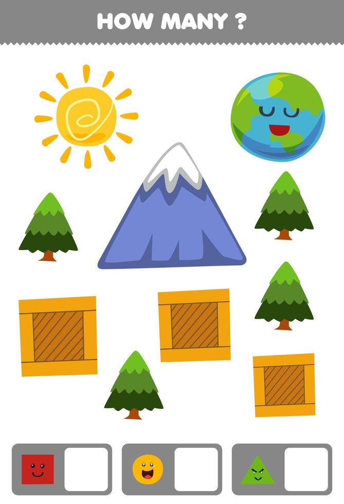 Bildungsspiel für Kinder, die suchen und zählen, wie viele Objekte wie geometrische Form Quadrat Kreis Dreieck Cartoon Sonne Planet Erde Baum Holzkiste vektor
