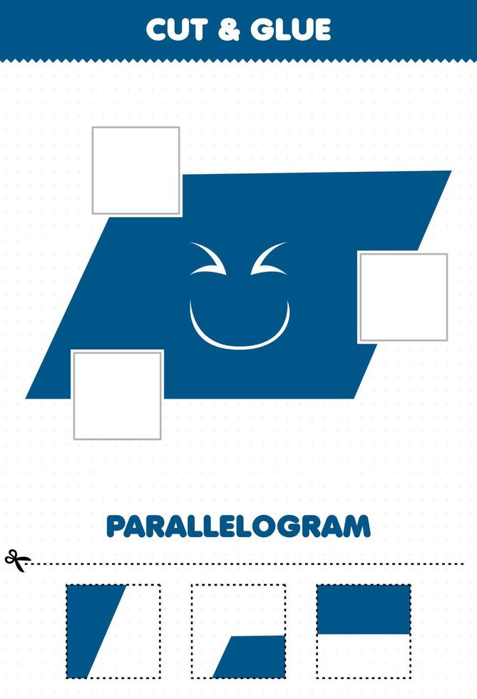 bildungsspiel für kinder schneiden und kleben schneiden sie teile des parallelogramms der geometrischen form des niedlichen cartoons und kleben sie das druckbare arbeitsblatt vektor