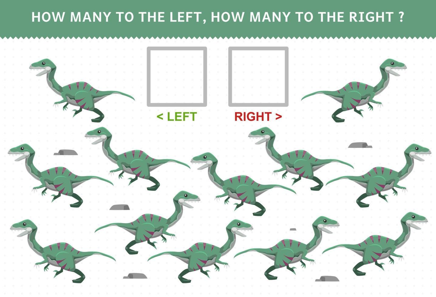 utbildningsspel för barn att räkna vänster och höger bild med söt tecknad förhistorisk dinosaurie velociraptor vektor