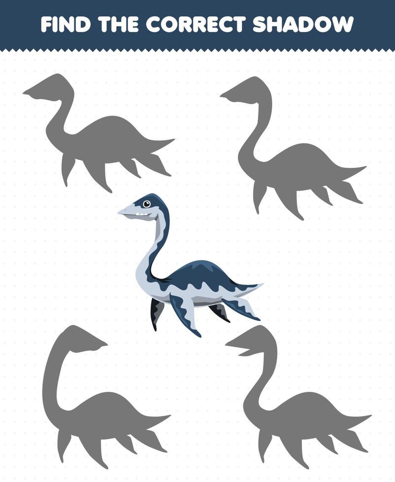 Bildungsspiel für Kinder Finden Sie den richtigen Schattensatz des niedlichen Cartoon-prähistorischen Dinosauriers Plesiosaurier vektor