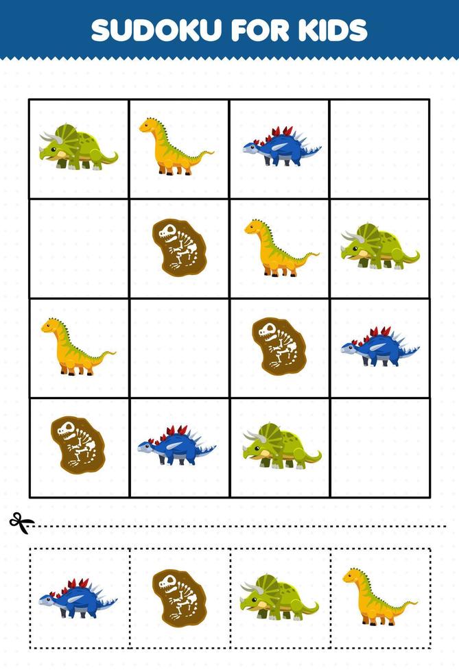 utbildning spel för barn sudoku för barn med söt tecknad förhistorisk dinosaurie triceratops isisaurus fossil bild vektor