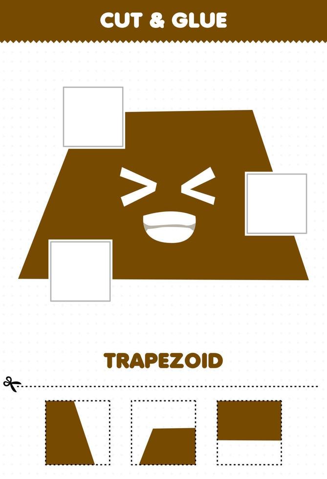 bildungsspiel für kinder schneiden und kleben schneiden sie teile der geometrischen trapezform des niedlichen cartoons und kleben sie das druckbare arbeitsblatt vektor