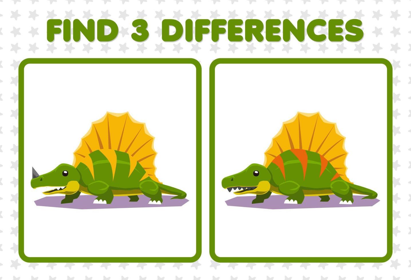 utbildning spel för barn hitta tre skillnader mellan två söta förhistoriska dinosaurie dimetrodon vektor