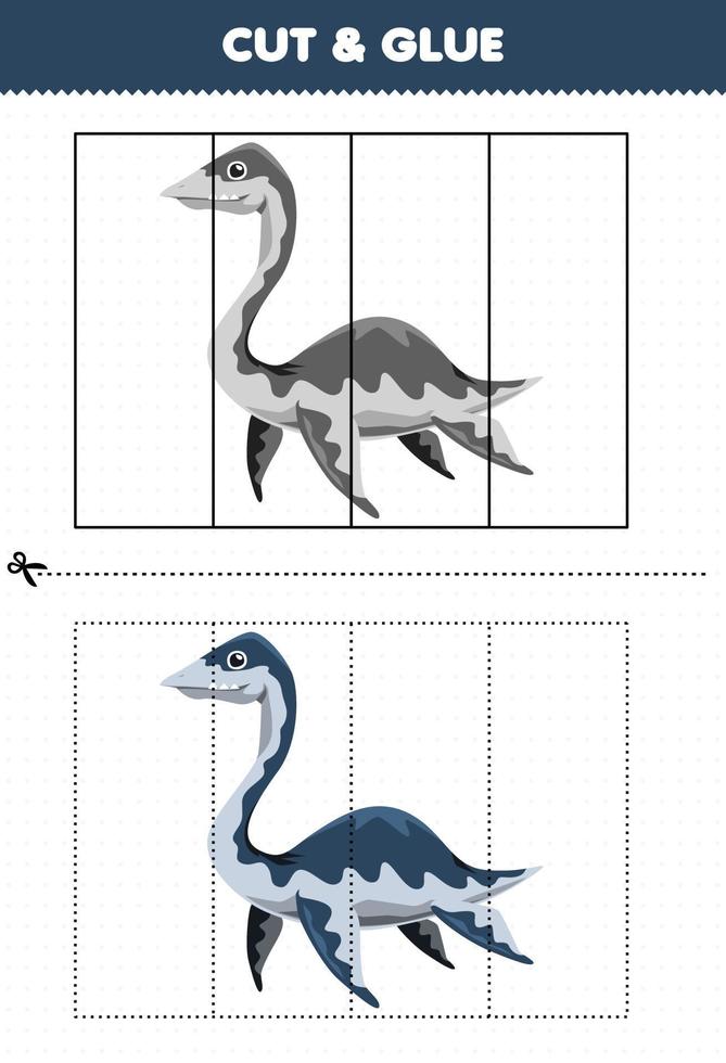 Lernspiel für Kinder schneiden und kleben mit prähistorischem Dinosaurier Plesiosaurier aus niedlichem Cartoon vektor