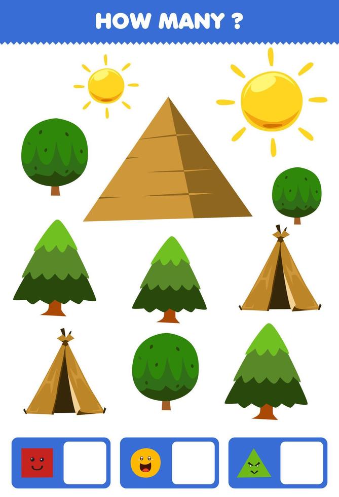 Lernspiel für Kinder, die suchen und zählen, wie viele Objekte wie geometrische Form Quadrat Kreis Dreieck Cartoon Zelt Pyramide Baum Sonne vektor