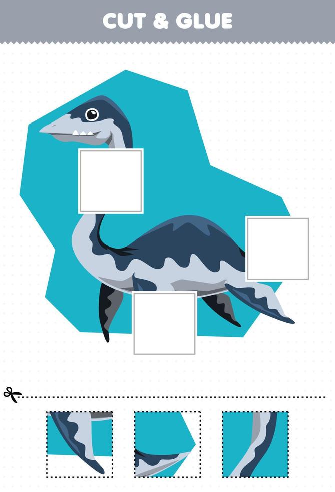 bildungsspiel für kinder schneiden und kleben schneiden sie teile des niedlichen prähistorischen dinosauriers plesiosaurier aus und kleben sie das druckbare arbeitsblatt vektor