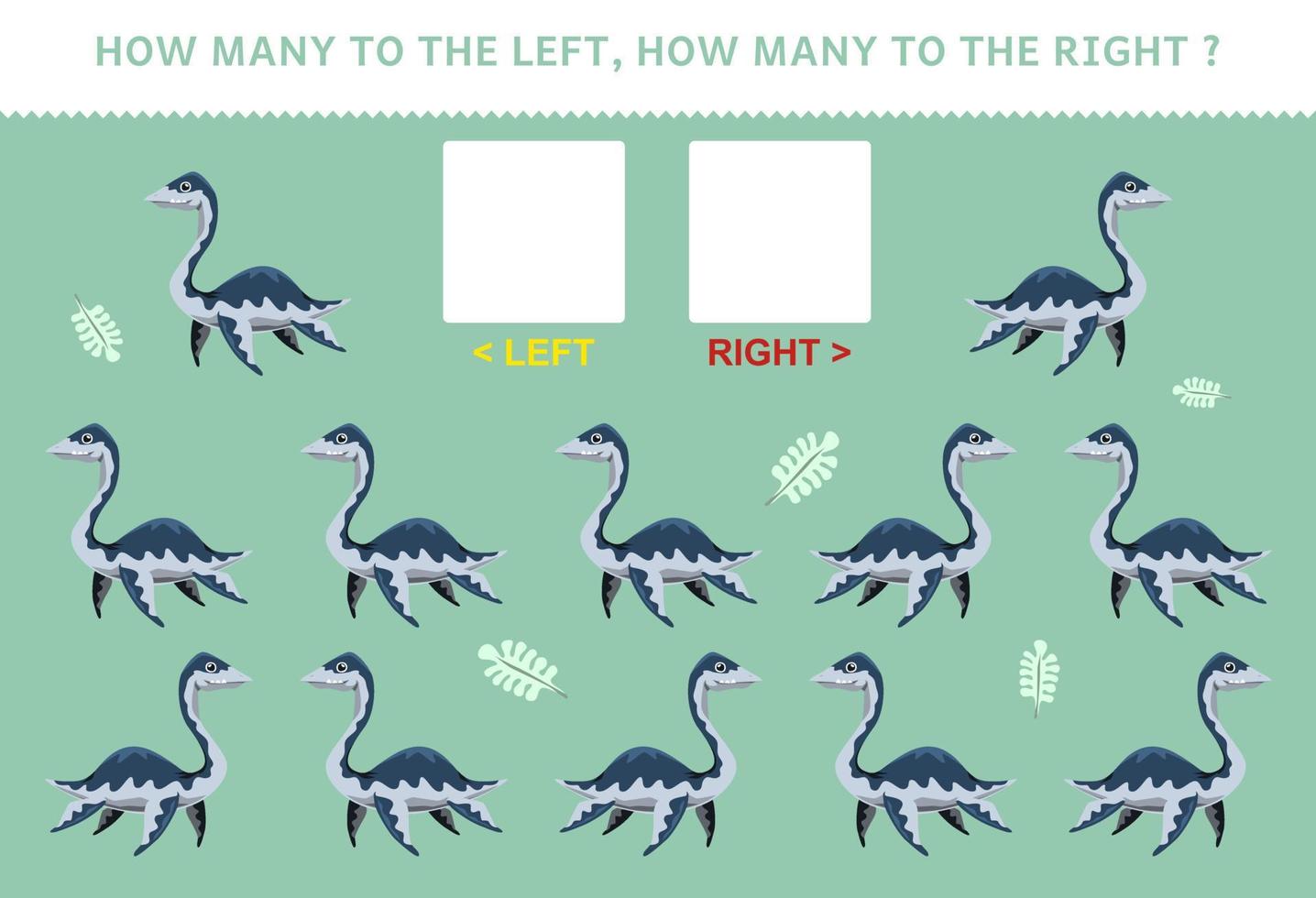 Lernspiel für Kinder zum Zählen des linken und rechten Bildes mit niedlichem Cartoon-prähistorischem Dinosaurier Plesiosaurier vektor