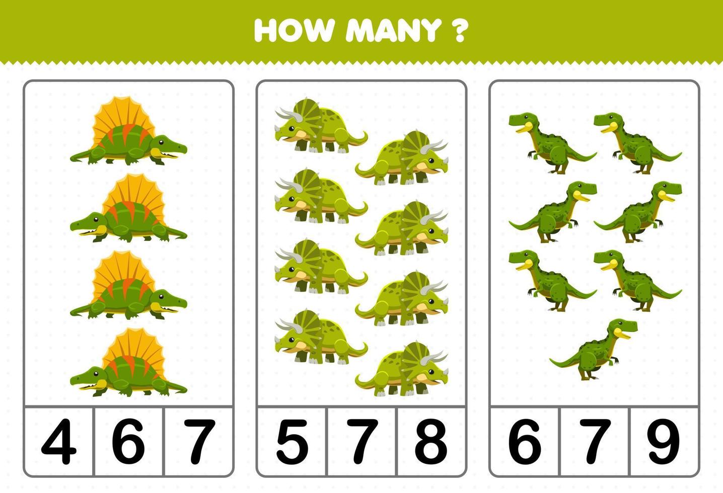 Bildungsspiel für Kinder, die zählen, wie viele prähistorische grüne Dinosaurier der niedlichen Karikatur vektor