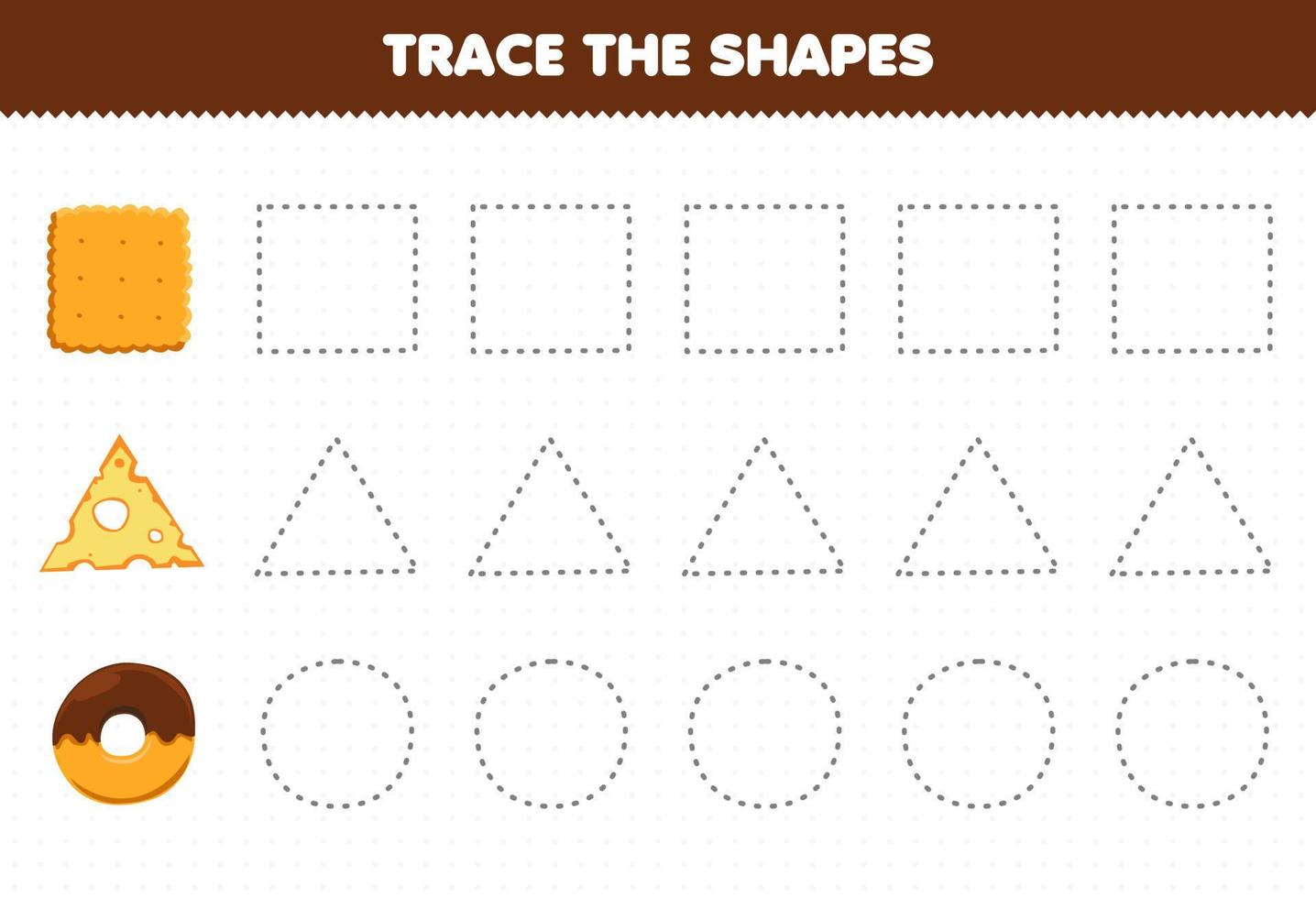 Bildungsspiel für Kinder Verfolgen Sie die Formen quadratischer Keks Dreieck Käsescheibe Kreis Donut Druckbares Arbeitsblatt vektor