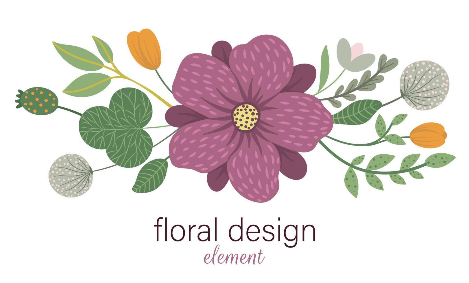 horizontales dekoratives Blumenelement des Vektors. flache trendige illustration mit blumen, blättern, zweigen. Wiese, Wald, Wald-ClipArt. schöner frühlings- oder sommerblumenstrauß isoliert auf weißem hintergrund vektor