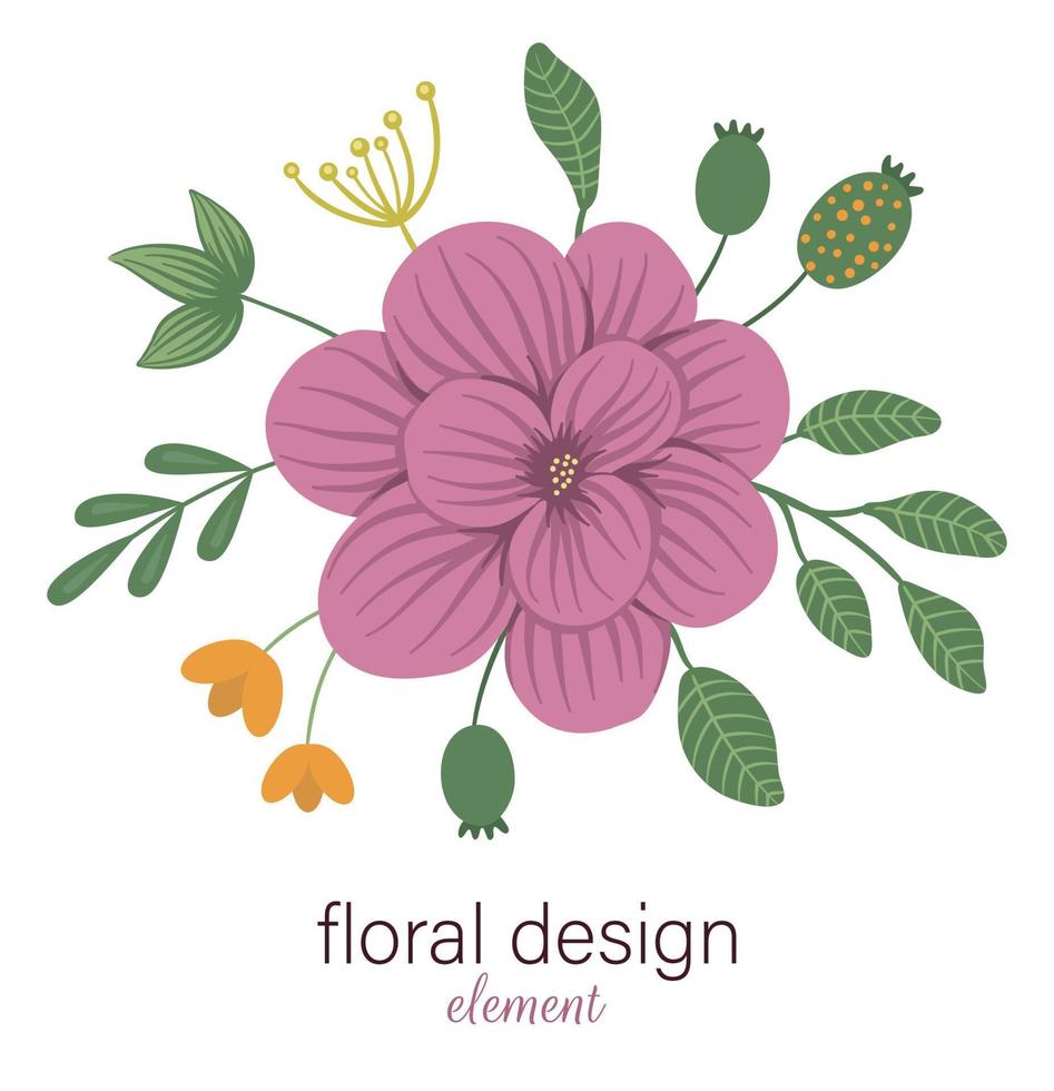 Vektor florales rundes dekoratives Element. flache trendige illustration mit blumen, blättern, zweigen. Wiese, Wald, Wald-ClipArt. schöner frühlings- oder sommerblumenstrauß isoliert auf weißem hintergrund