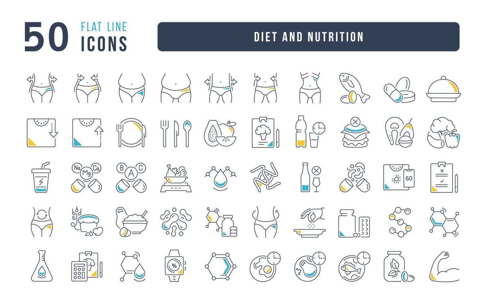 uppsättning linjära ikoner för kost och näring vektor
