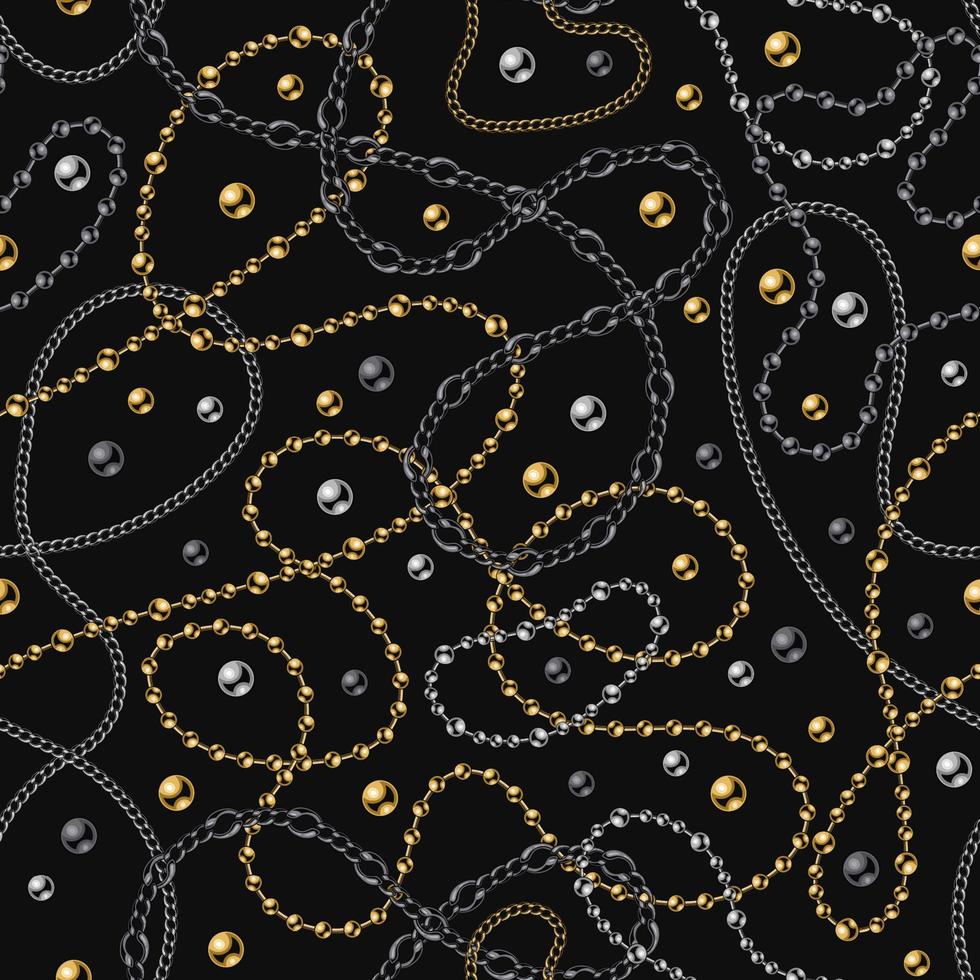 sömlösa mönster med glänsande metallkedjor och pärlor i röran på svart bakgrund. gyllene, silver, svarta stålfärger. vektor illustration för tryck, tyg, textil.