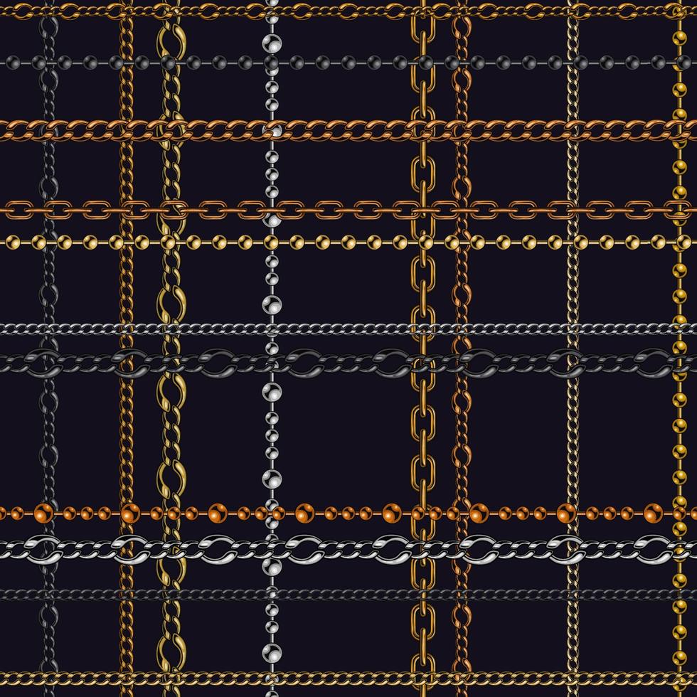 Ketten Tartan Musterdesign mit glänzenden Metallketten auf schwarzem Hintergrund. goldene, silberne, schwarze Stahlfarben. vektormodeillustration für druck, stoff, textil. vektor