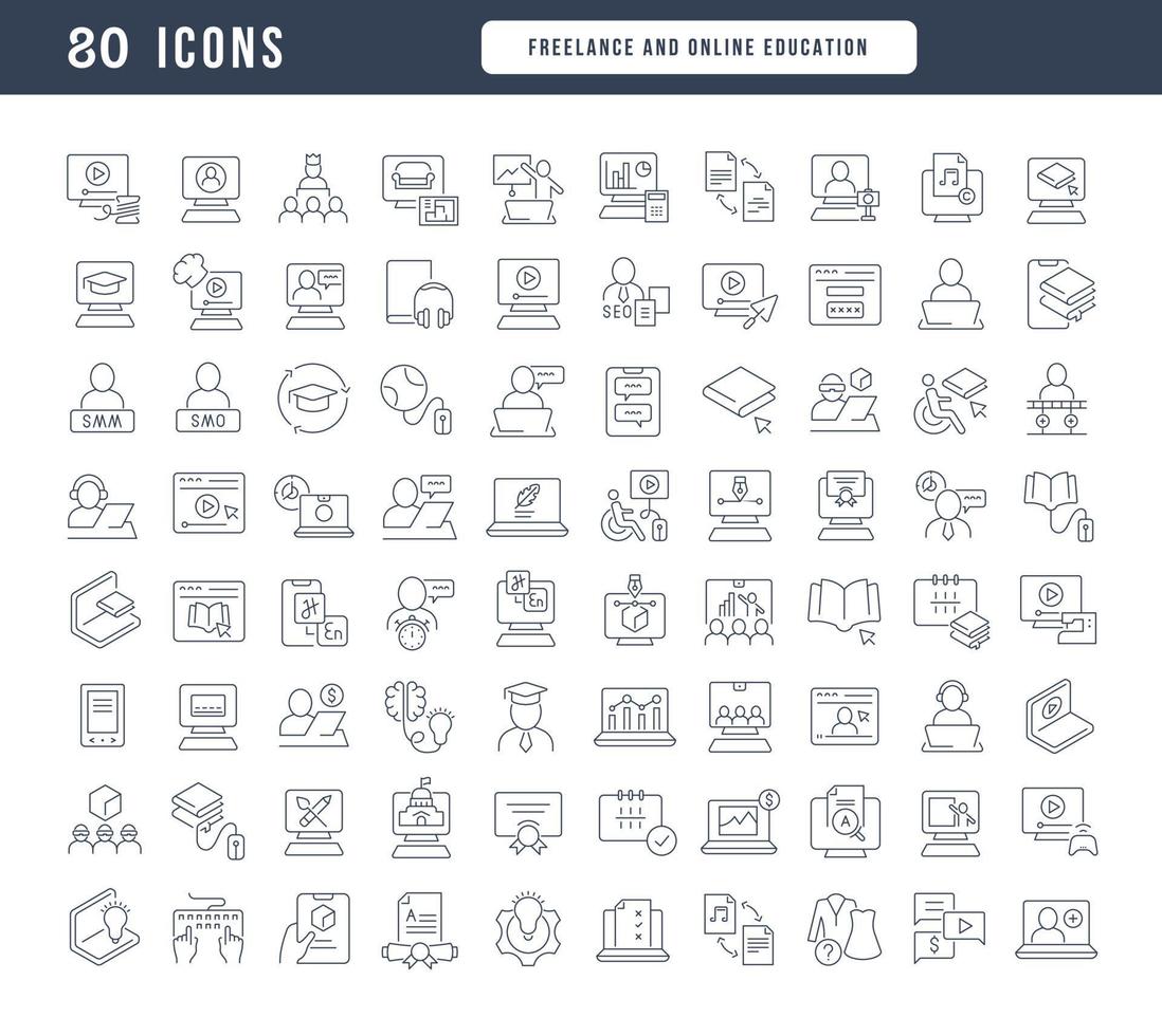 uppsättning linjära ikoner för frilansande och onlineutbildning vektor