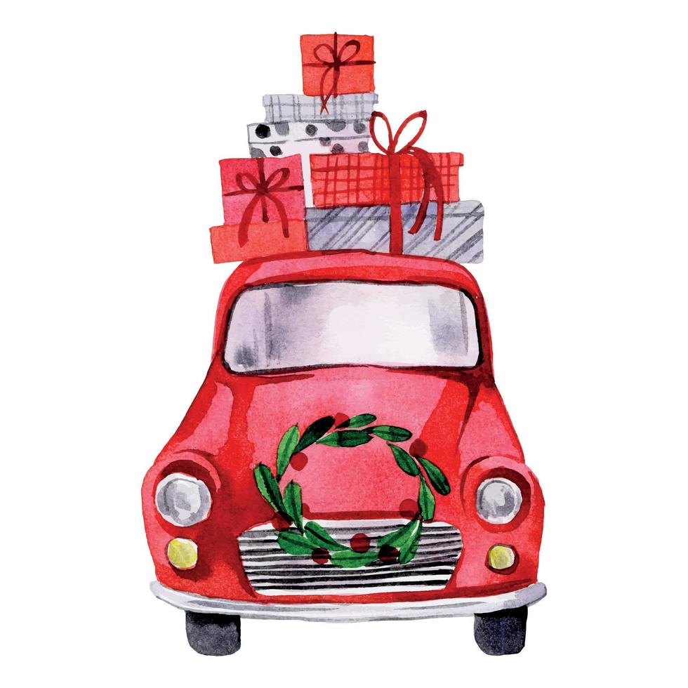 akvarellteckning. julbil. söt röd bil med julkrans och presenter. isolerad på vit bakgrund clipart vektor