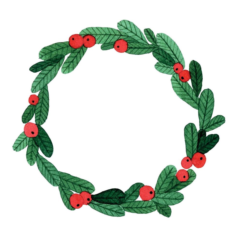 Weihnachtskranz. einfache Aquarellzeichnung, Kranz aus grünen Fichtenzweigen und roten Beeren. symbol des neuen jahres, weihnachten vektor