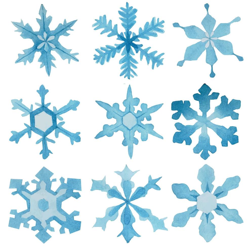 akvarell ritning uppsättning snöflingor. isolerad på vit bakgrund abstrakt snöflingor av blå färg. jul, nyår, vinter vektor