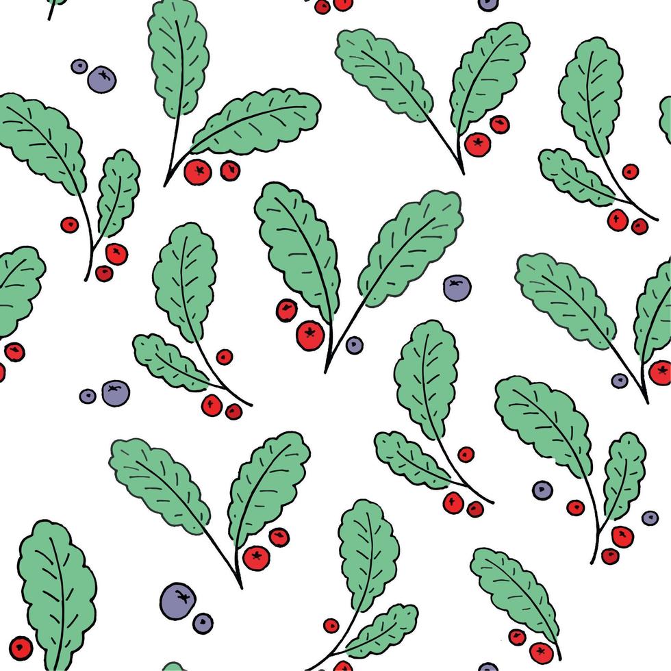 nahtlose Muster grüne Blätter und rote Beeren blaue Beeren. Herbsternte. Sommer Beeren. Beerenvorratillustration lokalisiert auf weißem Hintergrund. süßes muster für textilverpackungspapiertapeten vektor