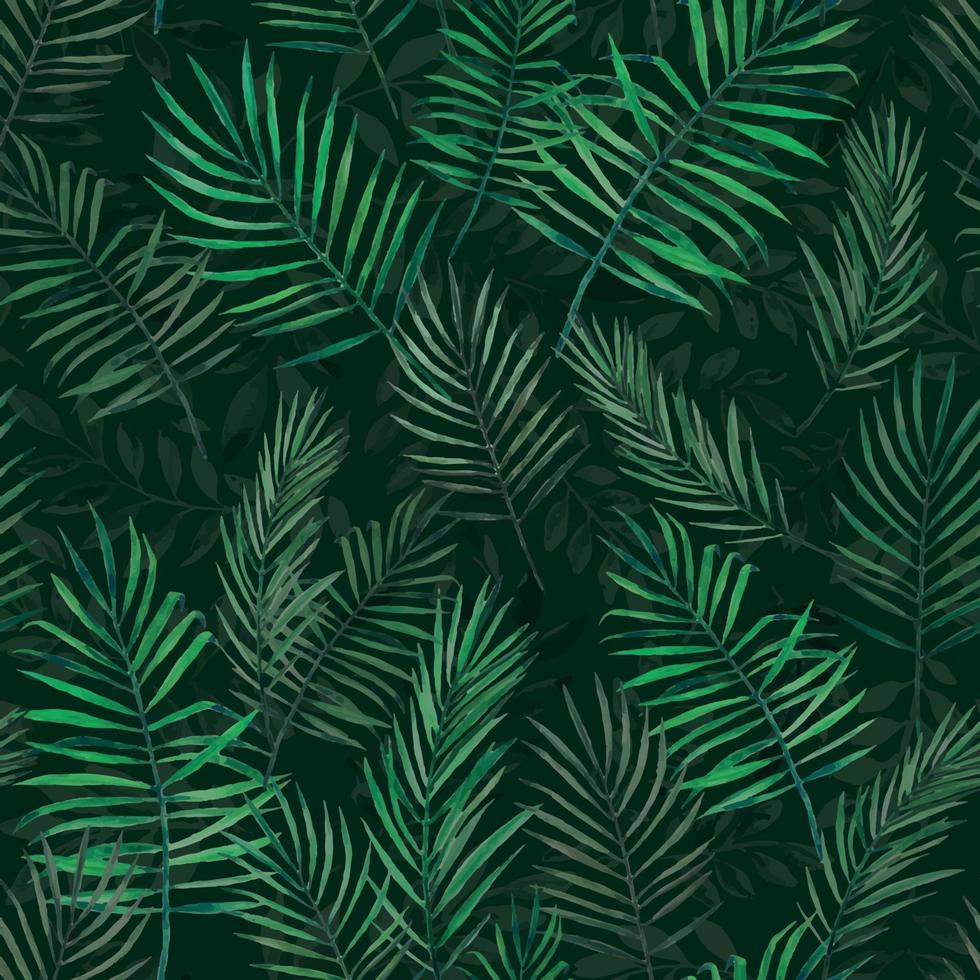 stock illustration palmblad seamless mönster. tropisk djungel. exotiska blad akvarell seamless mönster. mörka färger. för omslagstextiltapet vektor