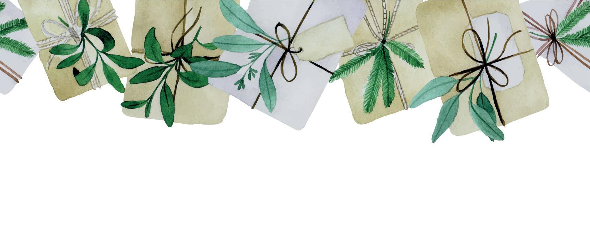 Aquarell nahtlose Grenze mit Weihnachtsgeschenken im Boho-Stil. Geschenkboxen aus Bastelpapier mit Tannenzweigen und Eukalyptusblättern vektor