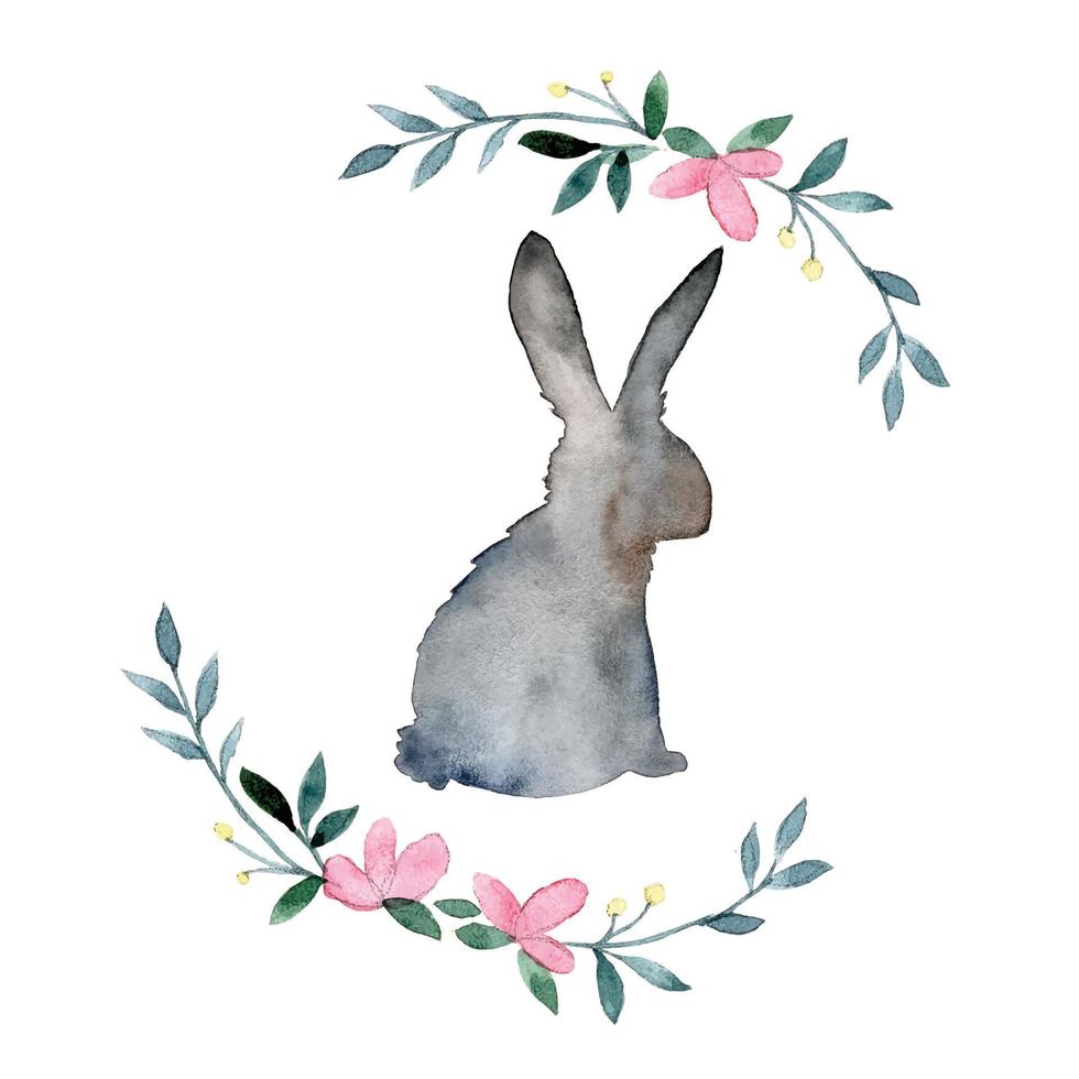 Aquarellzeichnung. süßer osterhase und blumenkranz. Boho-Stil, Jahrgang. dekoration für den feiertag von ostern, frühling. Osterhase vektor