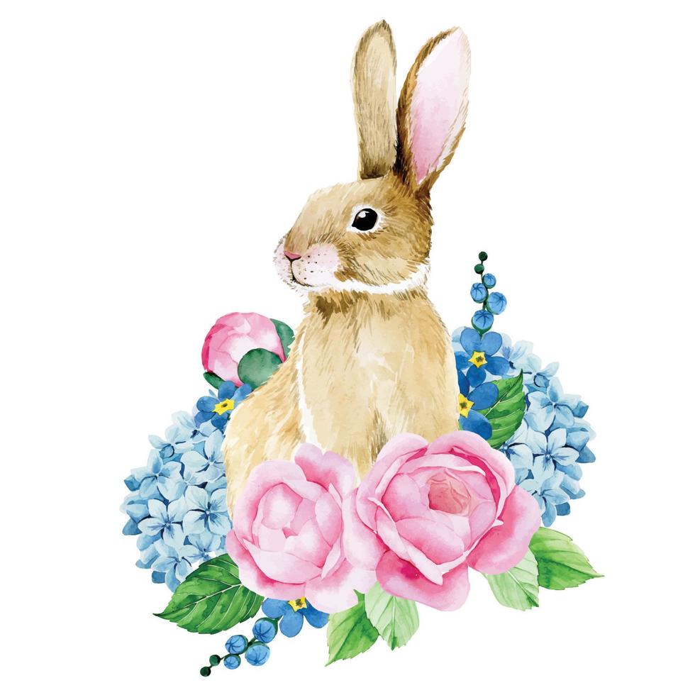 akvarellteckning. söt påskhare med blommor. dekoration för gratulationskort, sammansättning påskharen med rosa pionblommor och blå hortensia vektor