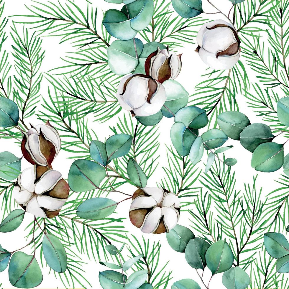 akvarell seamless mönster på temat vinter, nyår, jul. bomullsblommor, eukalyptusblad, grangrenar och kottar på en vit bakgrund vektor