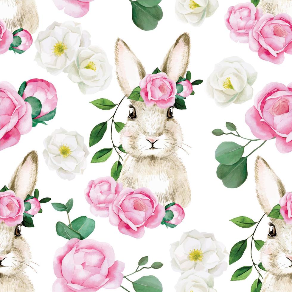 aquarell nahtloses muster für osterferien. süßer osterhase mit rose, pfingstrose blüht auf weißem hintergrund. weiße und rosa Blumen, Jahrgang vektor