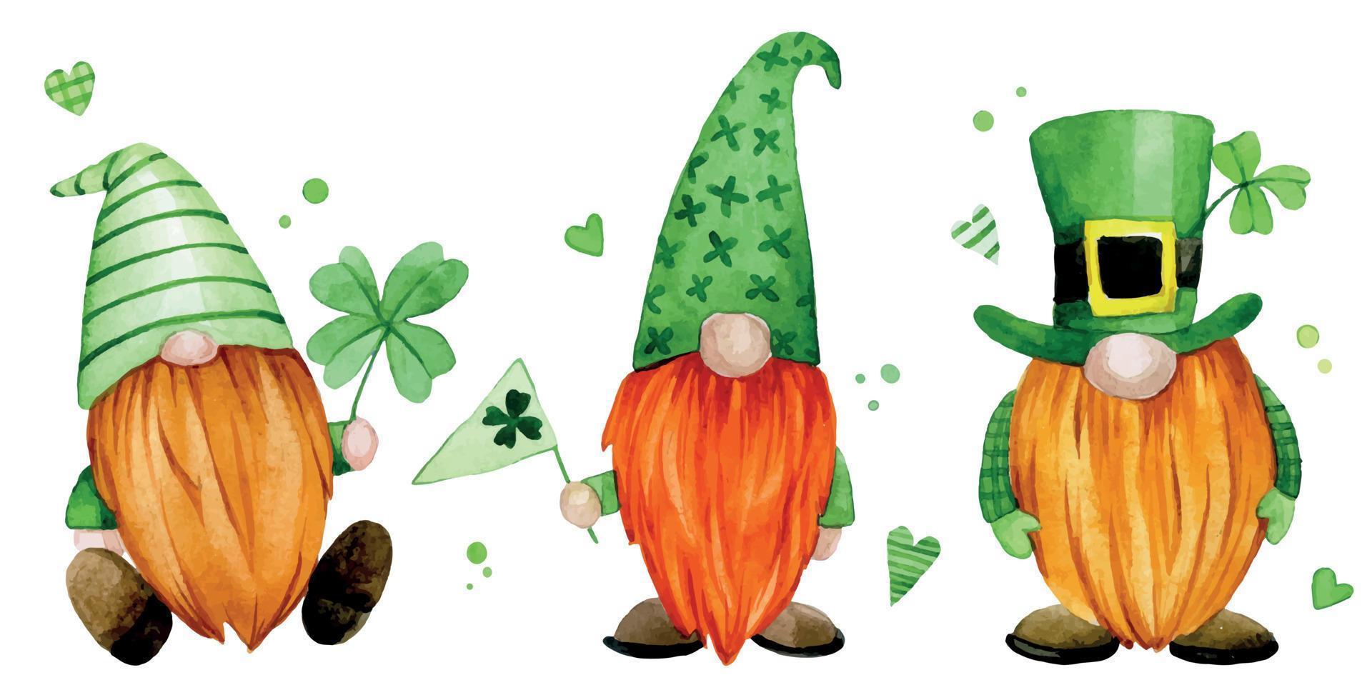 Aquarellzeichnung. Set für den St. Patrick's Day. süße Zwerge, Kobolde in grüner Kleidung mit einem vierblättrigen Kleeblatt. Clipart-Zeichen. vektor